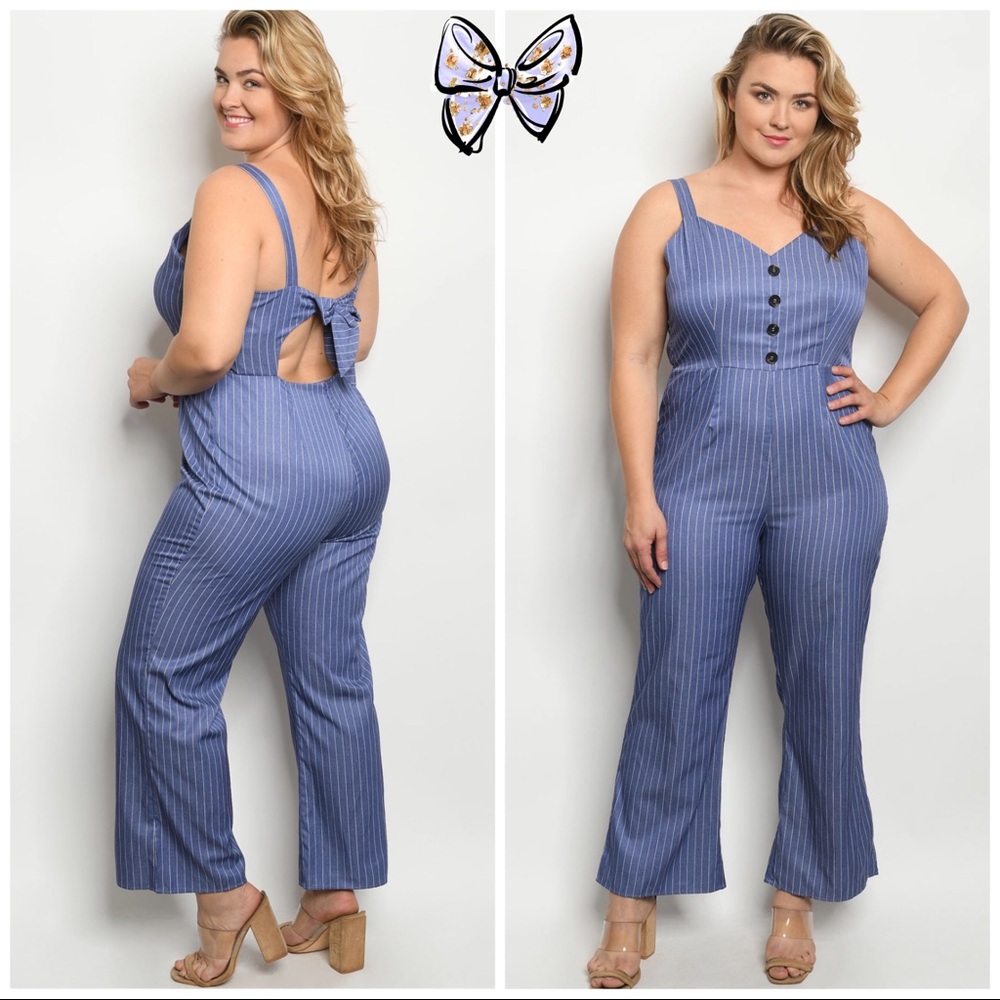 Plus Size 2x 3x Blue Pinstripe Jumpsuit One Piece Backless Overalls